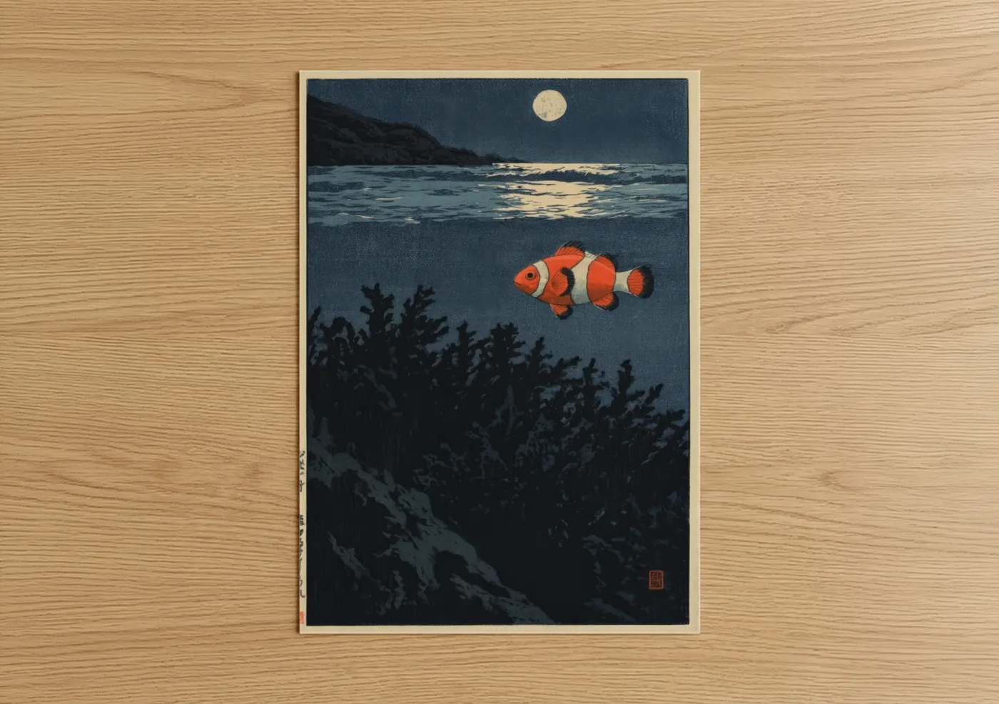 Clown Fish Moonlit Ocean Night Wall Art