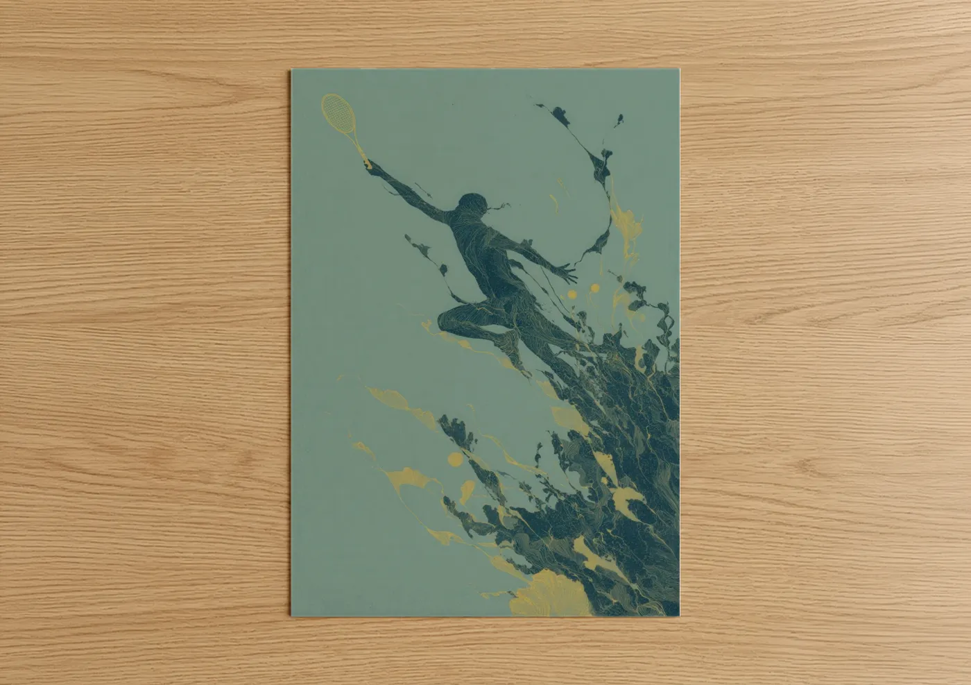 Art print on warm oak wood — sage green and yellow gold palette — Aerial Tennis Leap poster