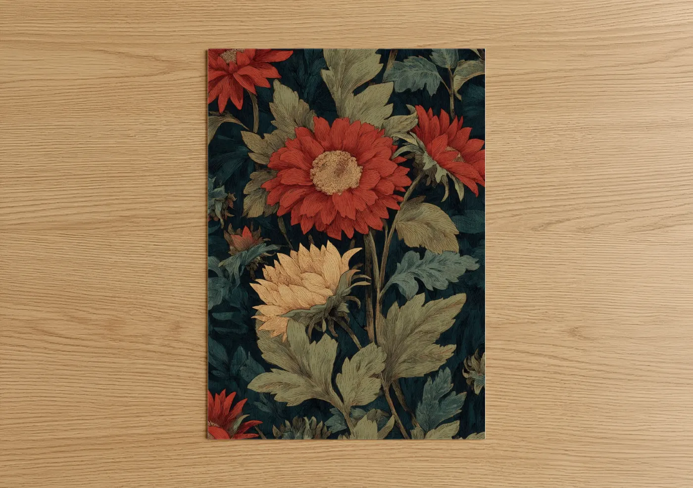 Art print on warm oak wood — red and black palette — Crimson Sunflower Garden poster