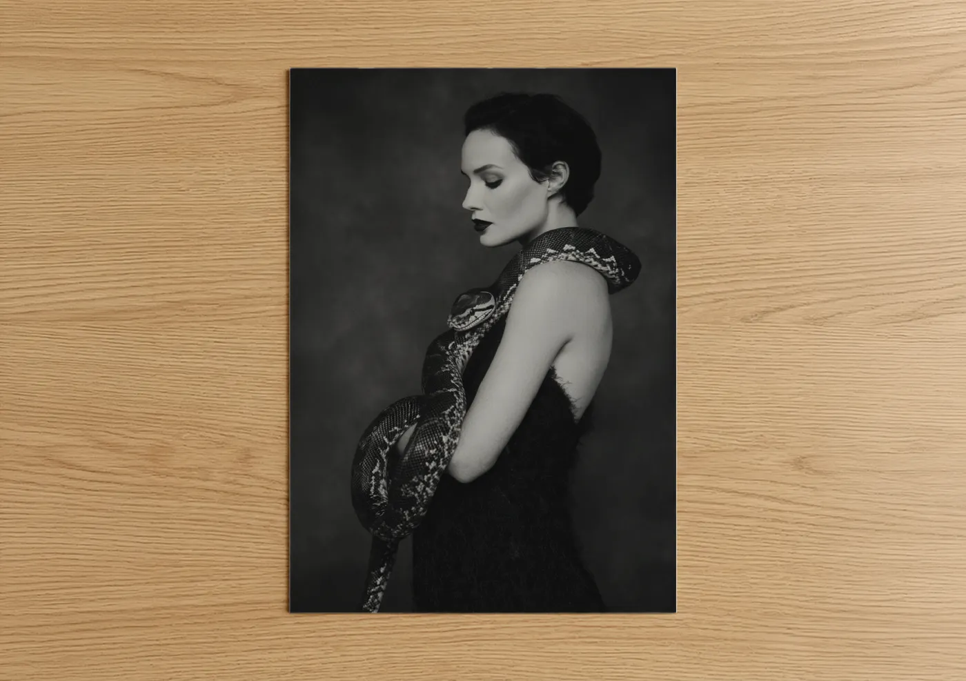 Viper art print on warm oak wood — black and white palette — Serpent Elegance poster