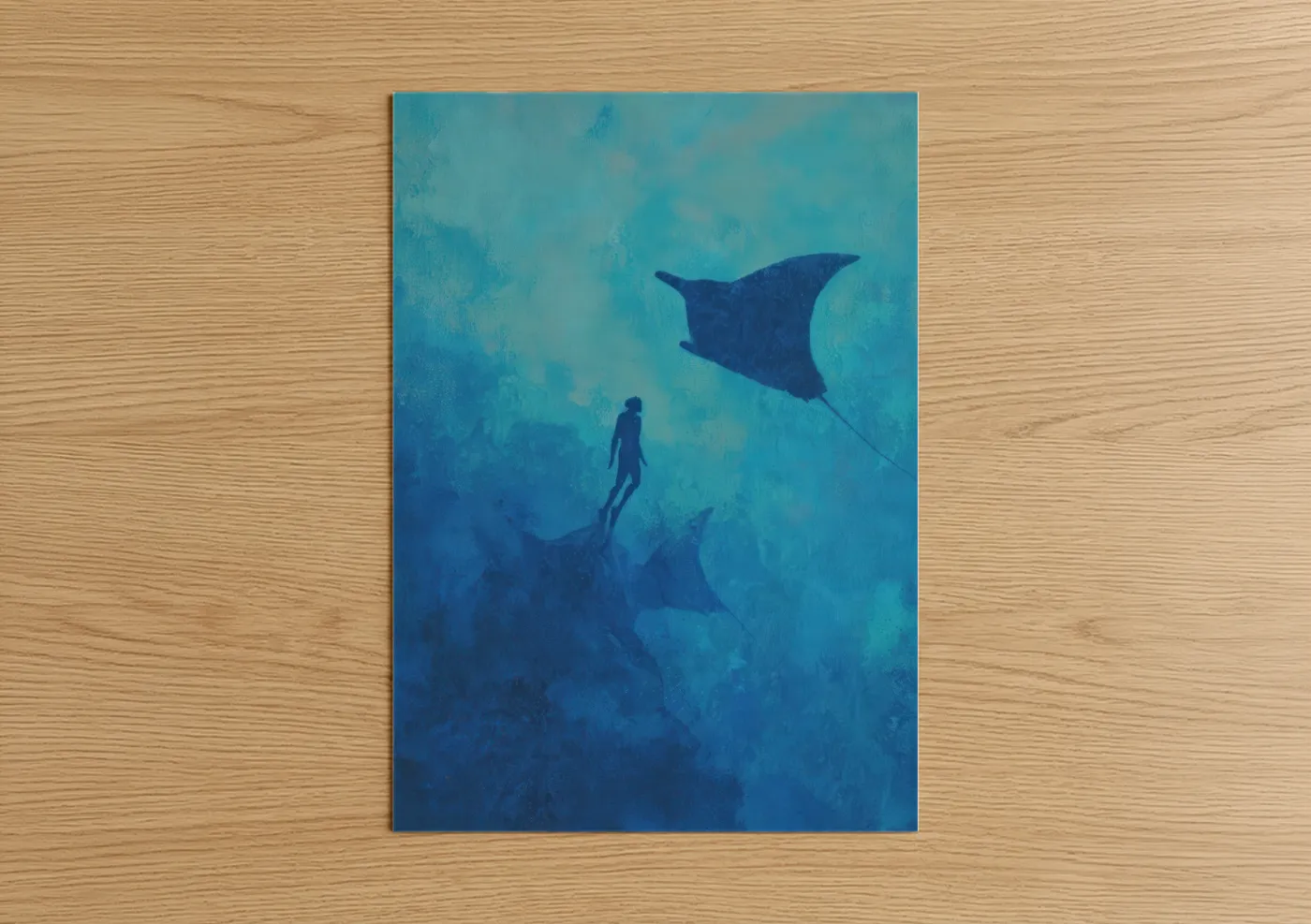 Diving art print on warm oak wood — blue and teal palette — Manta Ray Encounter poster
