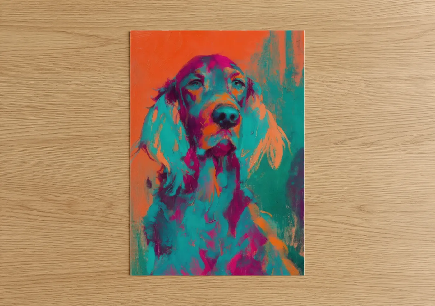 Art print on warm oak wood — orange and teal palette — Colorful Setter Portrait poster