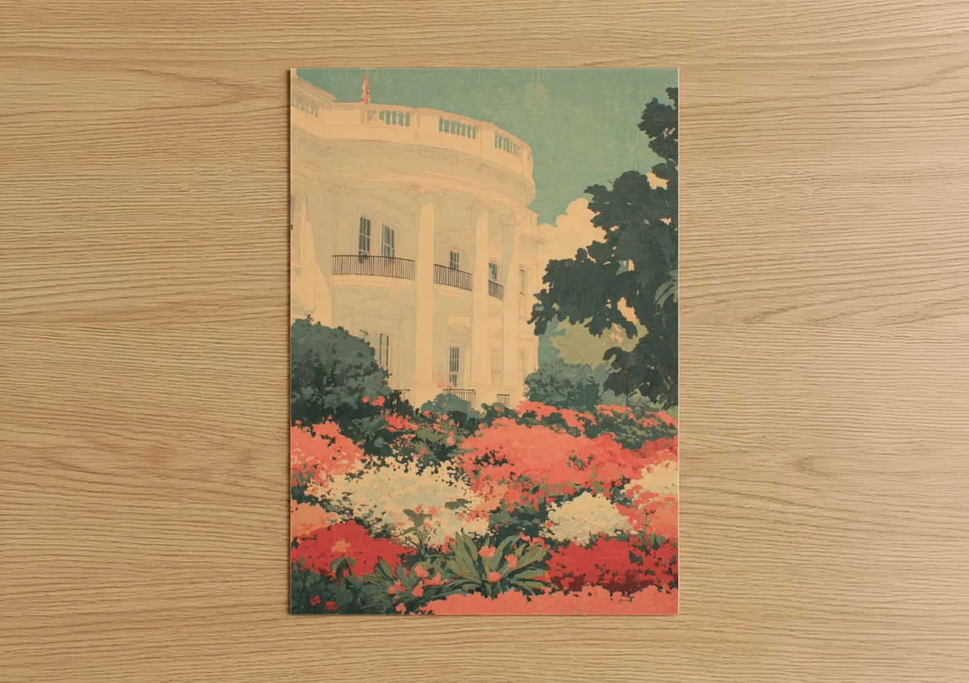 Art print on warm oak wood — gold and red palette — Crimson White House poster