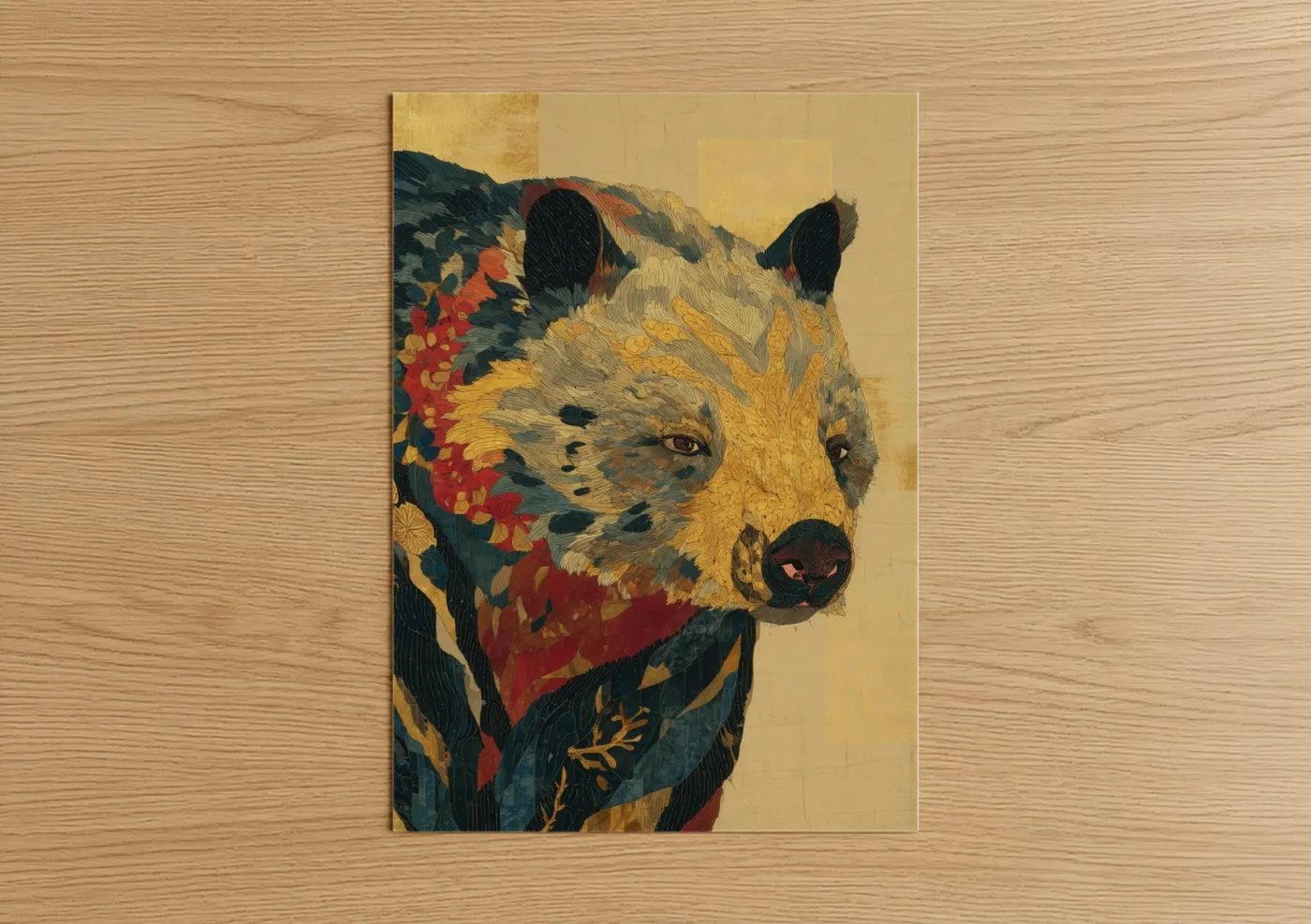 Art print on warm oak wood — yellow gold and maroon palette — Golden Wombat poster