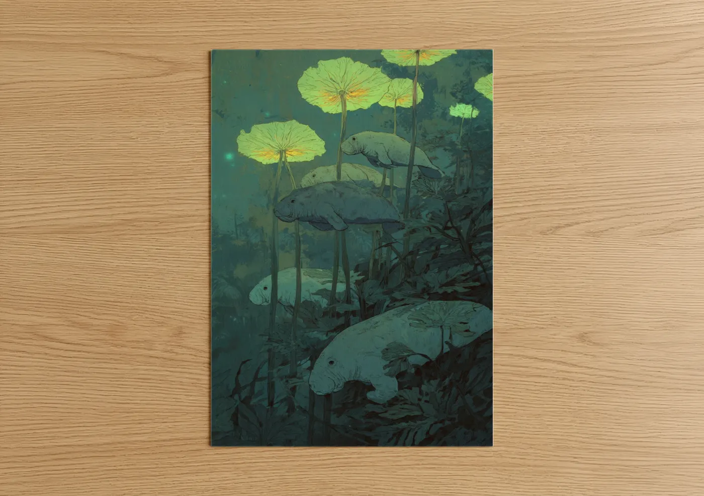 Gentle Manatees Underwater Illustration Wall Art