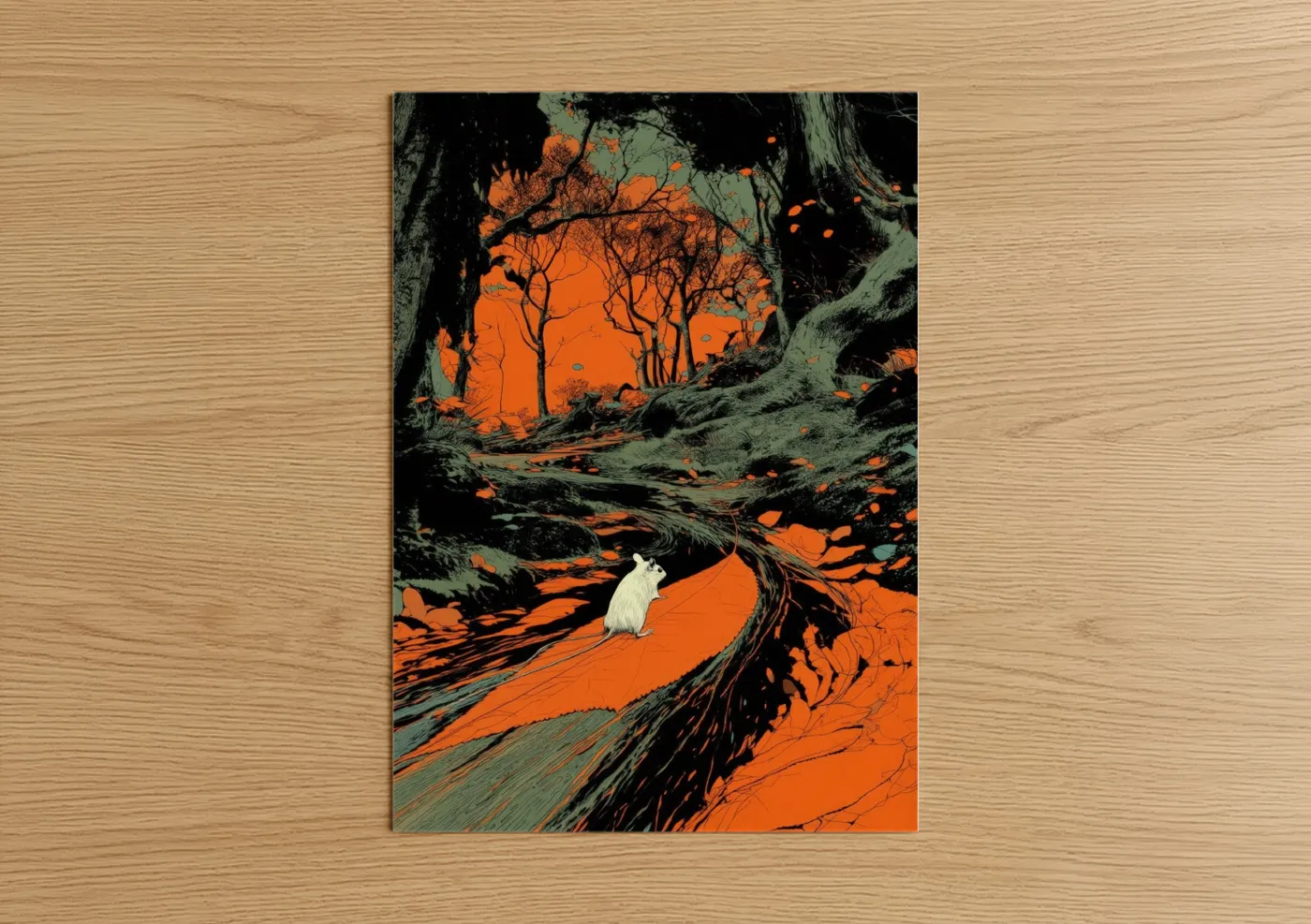 White Gerbil Forest Fire Illustration Wall Art