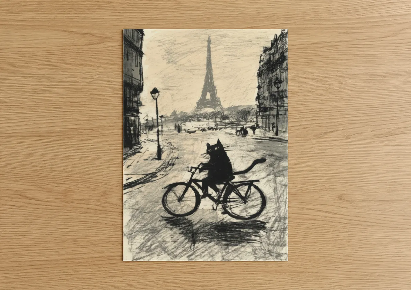 Art print on warm oak wood — cream and black and white palette — Parisian Cat Cyclist poster