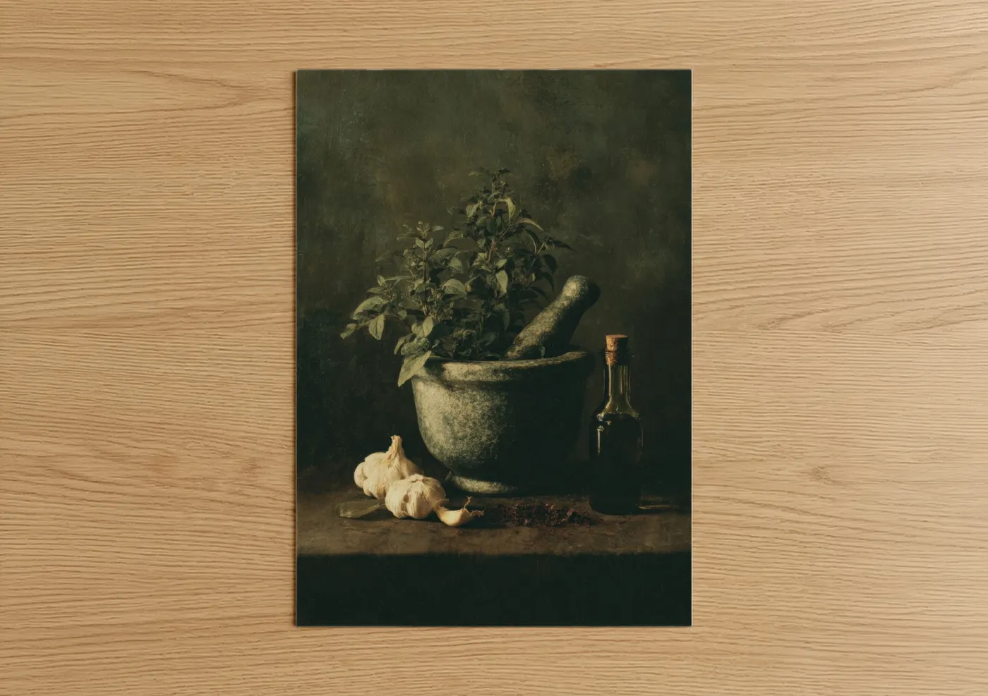 Herbs art print on warm oak wood — olive and espresso palette — Herbal Still Life poster