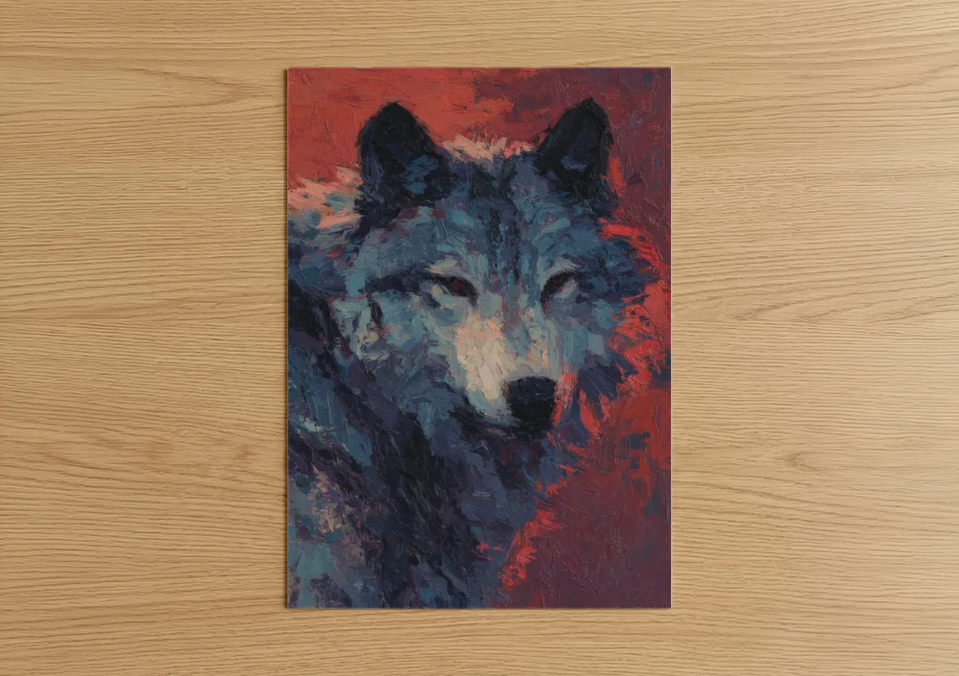 Art print on warm oak wood — red and blue palette — Crimson Wolf poster