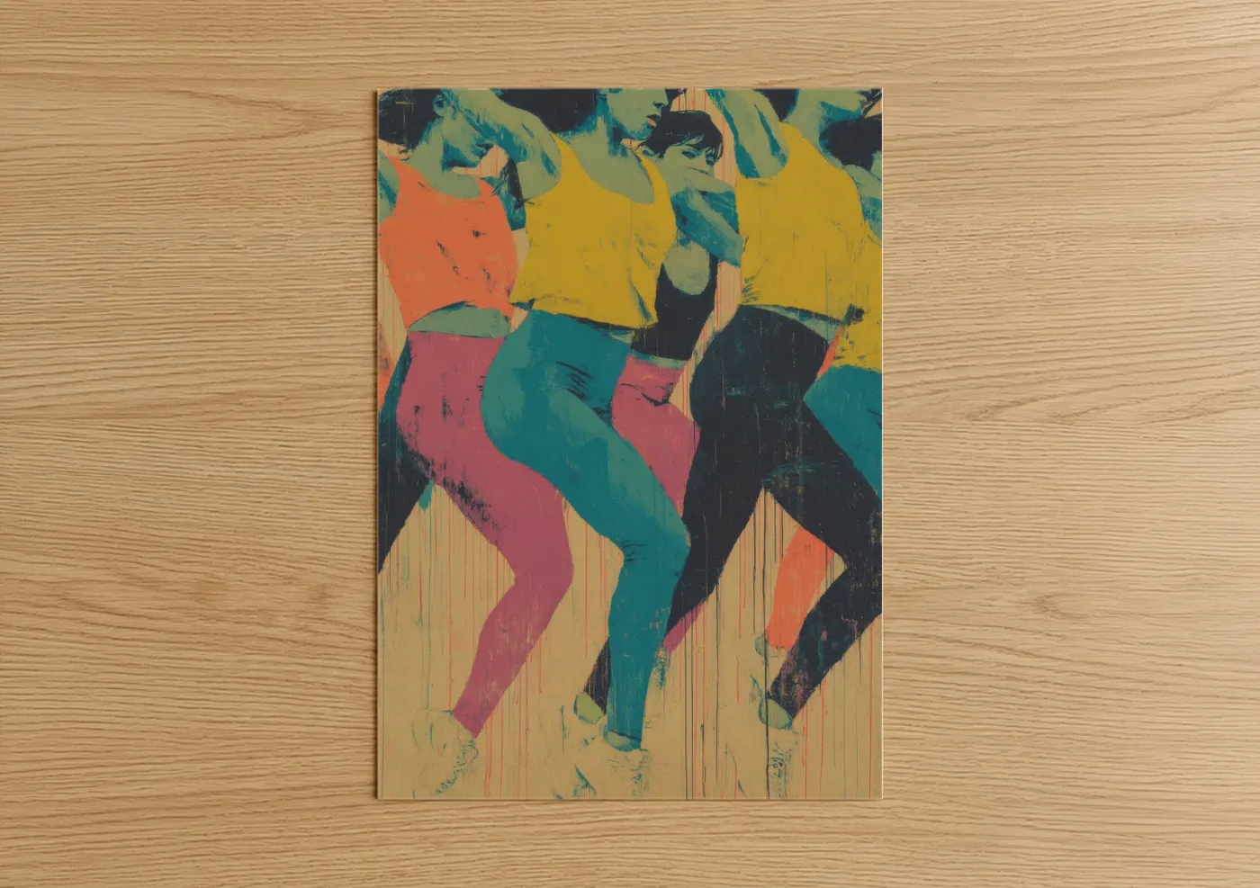 Art print on warm oak wood — yellow gold and magenta palette — Vibrant Zumba Energy poster