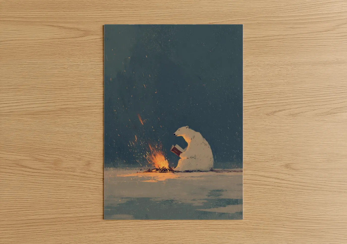 Polar bear art print on warm oak wood — blue and gold palette — Solitary Campfire Bear poster