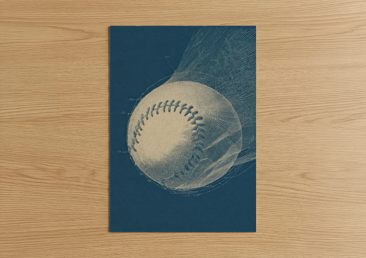 Art print on warm oak wood — dark blue and cream palette — Vintage Baseball Blueprint poster
