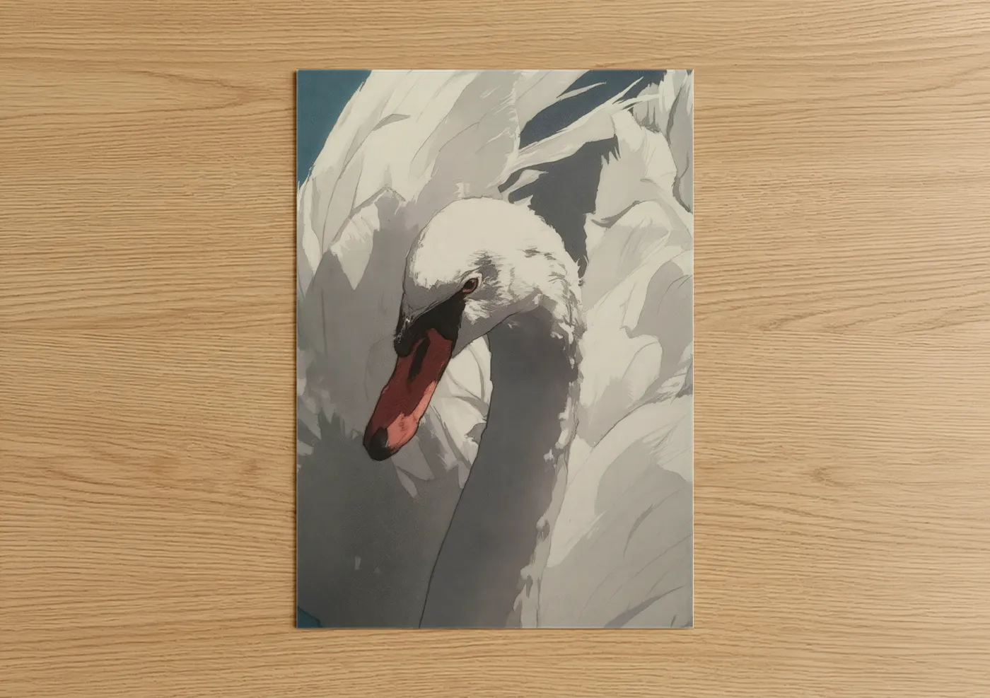 Art print on warm oak wood — white and dove gray palette — Graceful Swan Portrait poster