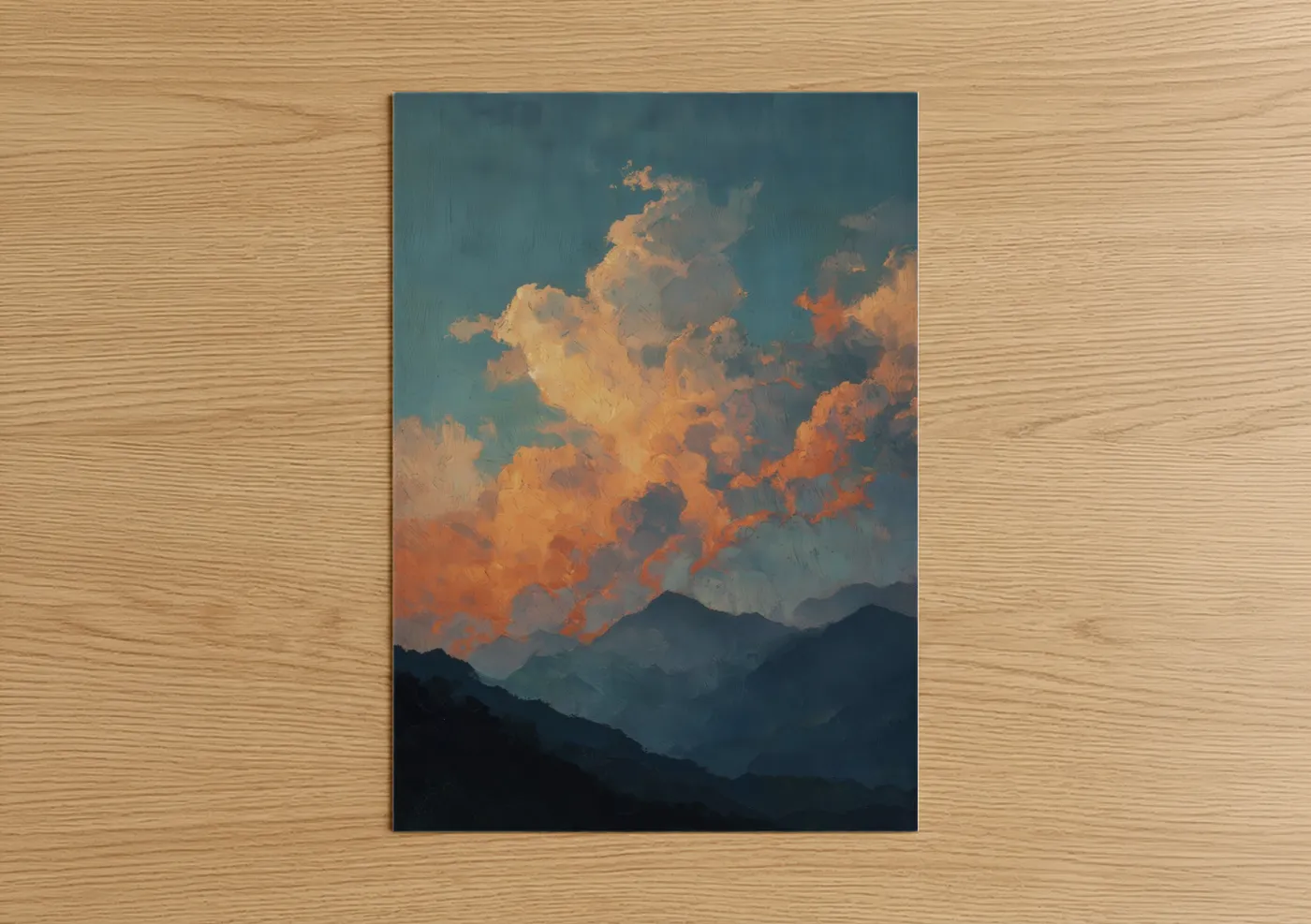 Alps art print on warm oak wood — gold and dark blue palette — Golden Alpine Sunrise poster
