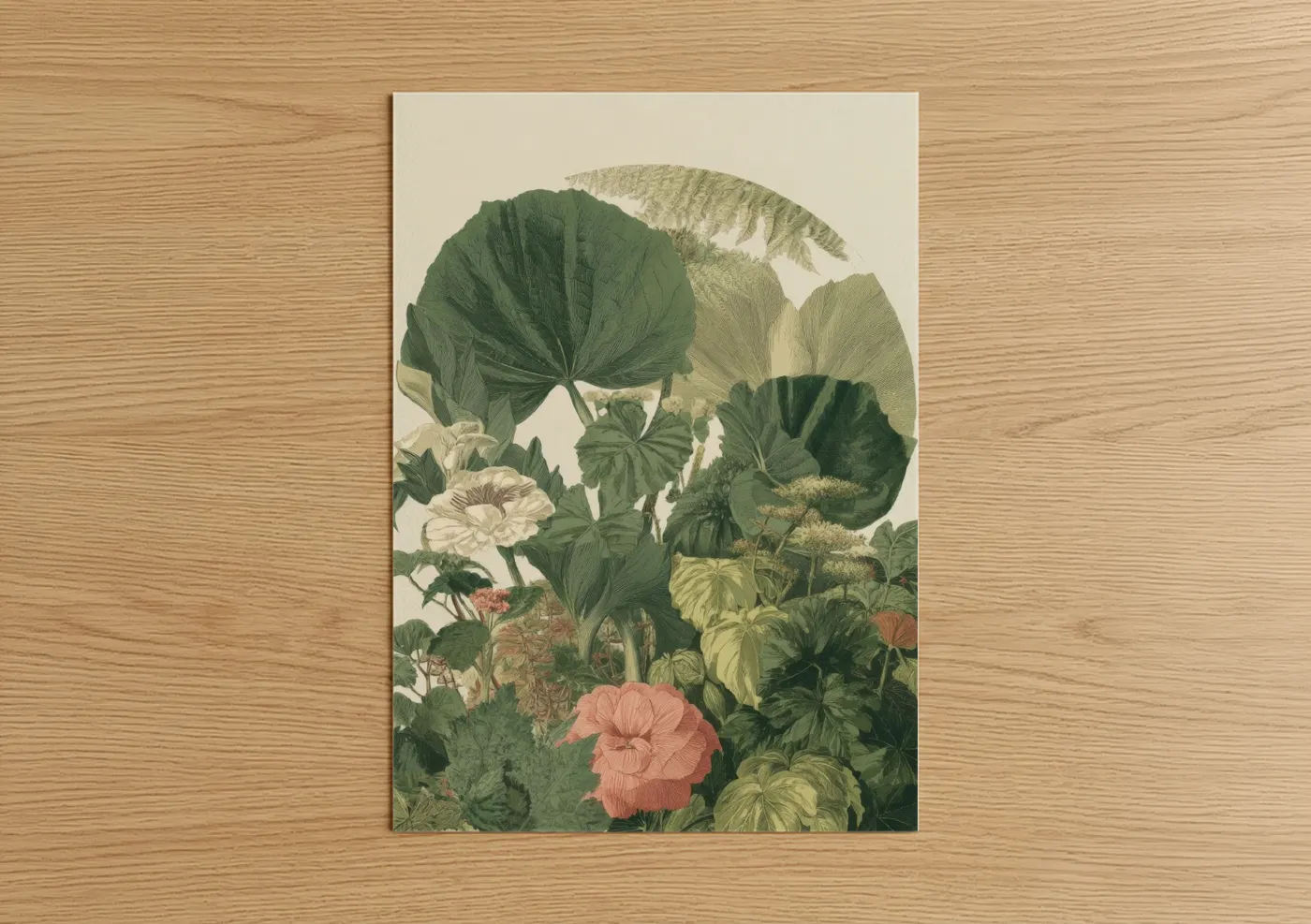 Earth day art print on warm oak wood — sage green and cream palette — Botanical Earth Celebration poster