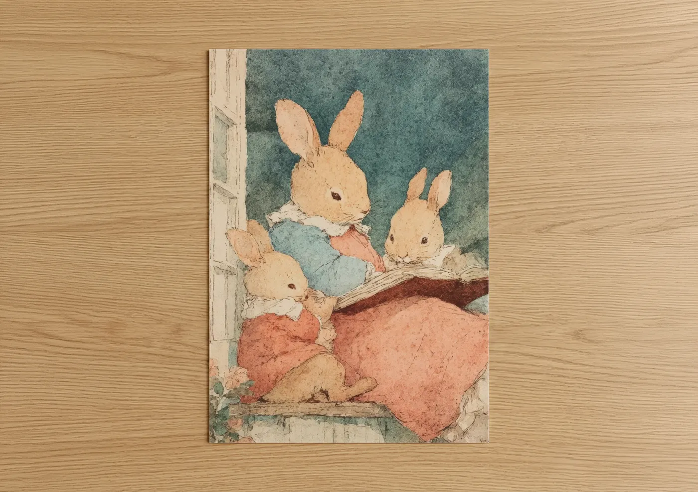 Mother's day art print on warm oak wood — sage green and peach palette — Storybook Bunnies poster