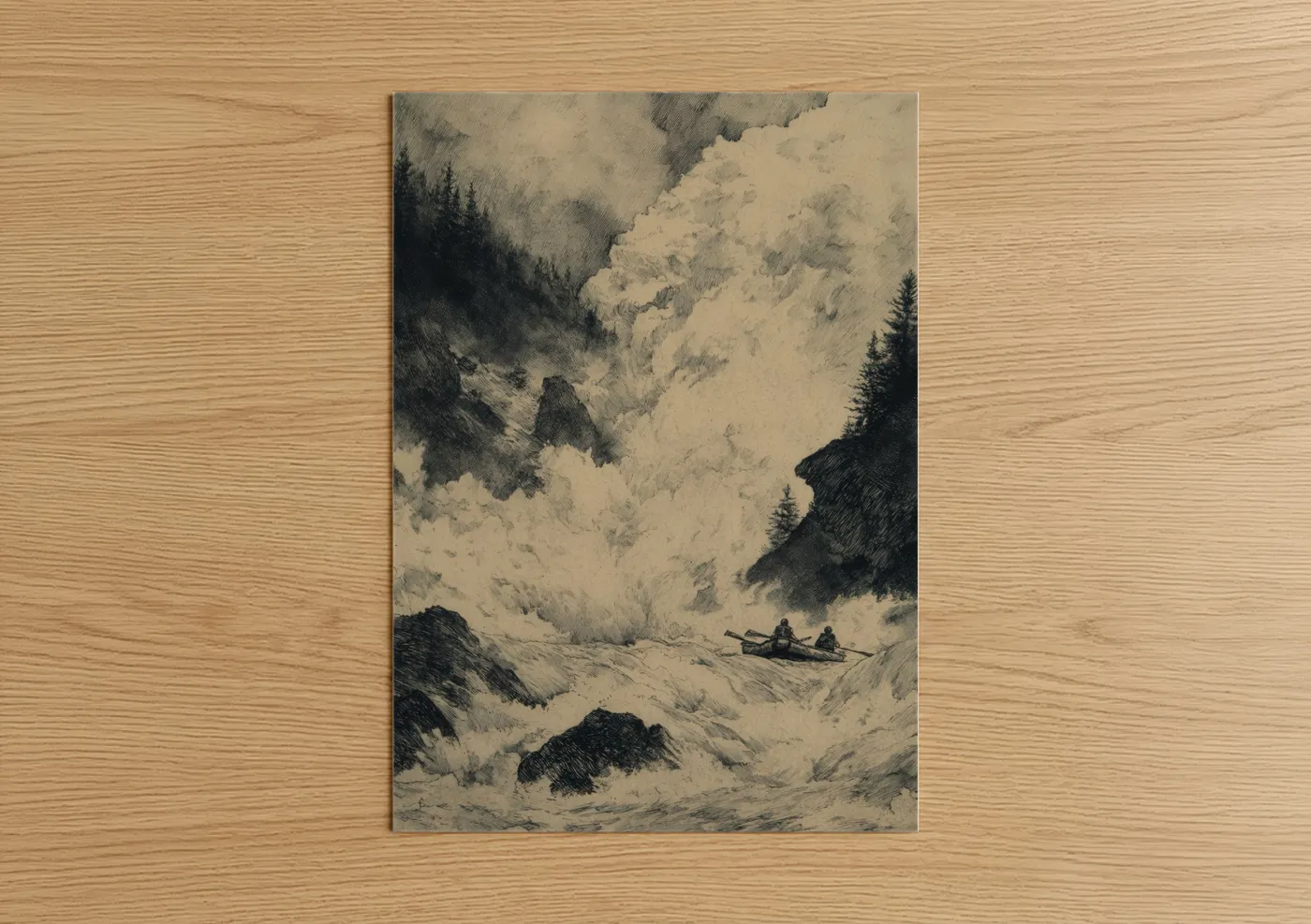 Rafting art print on warm oak wood — black and white and gray palette — Mountain Whitewater poster