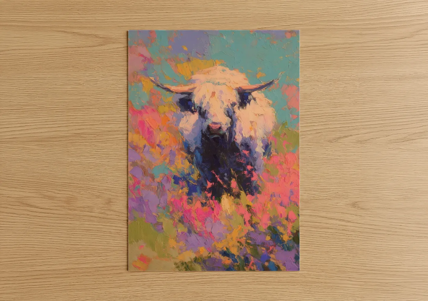 Art print on warm oak wood — magenta and turquoise palette — Colorful Yak poster