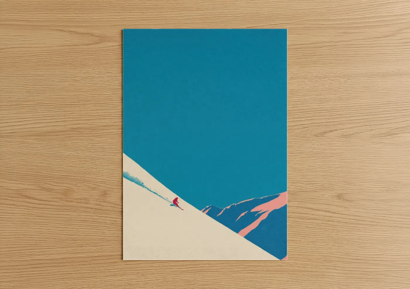 Skiing art print on warm oak wood — teal and cream palette — Alpine Descent poster