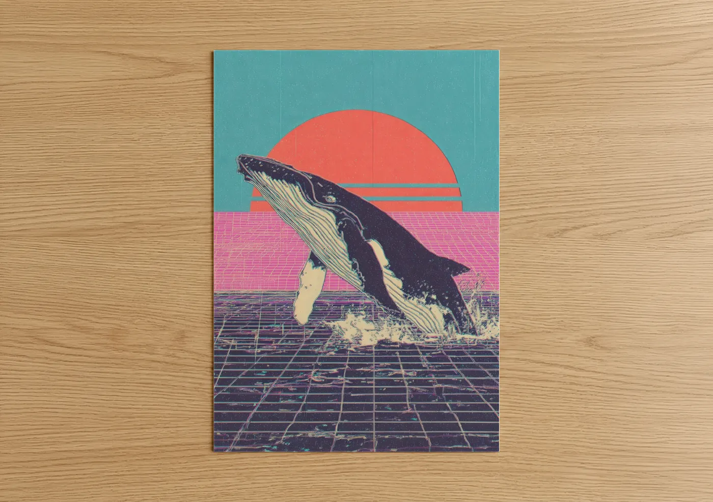 Blue whale art print on warm oak wood — turquoise and salmon pink palette — Neon Whale Leap poster