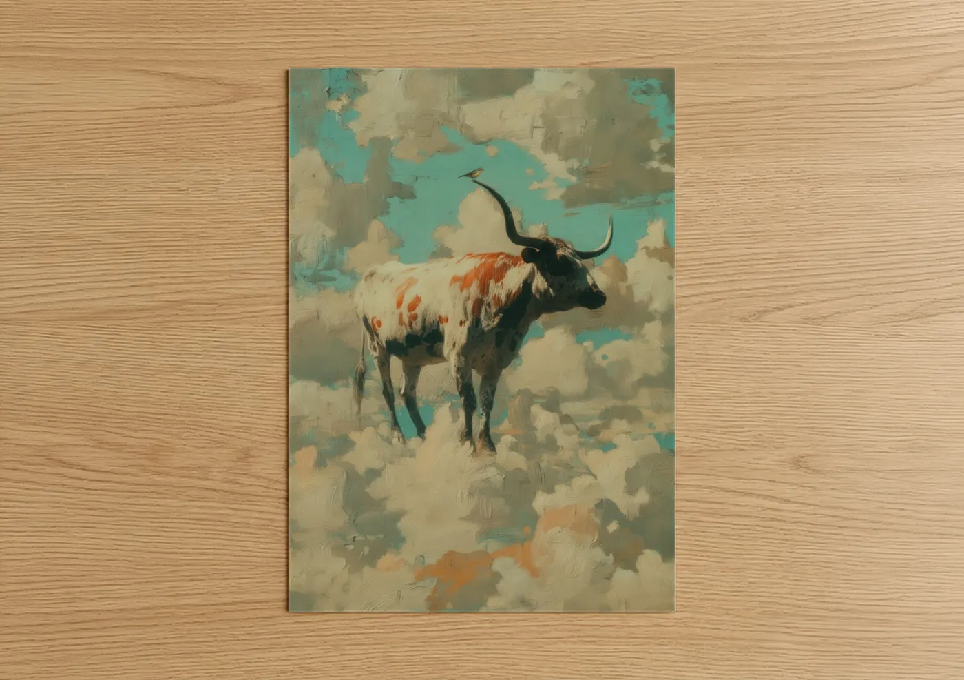 Longhorn cow art print on warm oak wood — teal and cream palette — Rustic Longhorn poster
