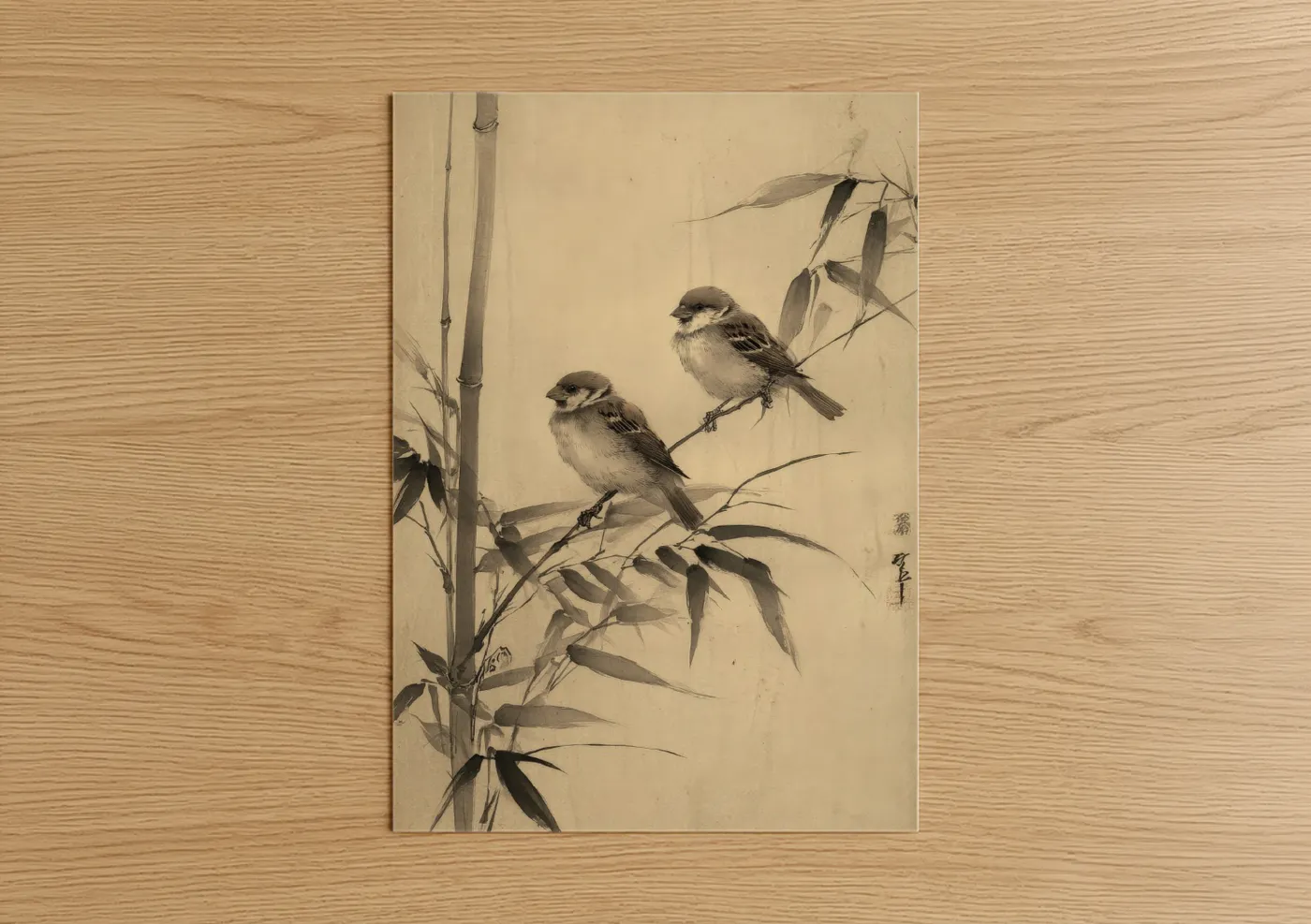 Art print on warm oak wood — black and white and beige palette — Bamboo Songbirds poster