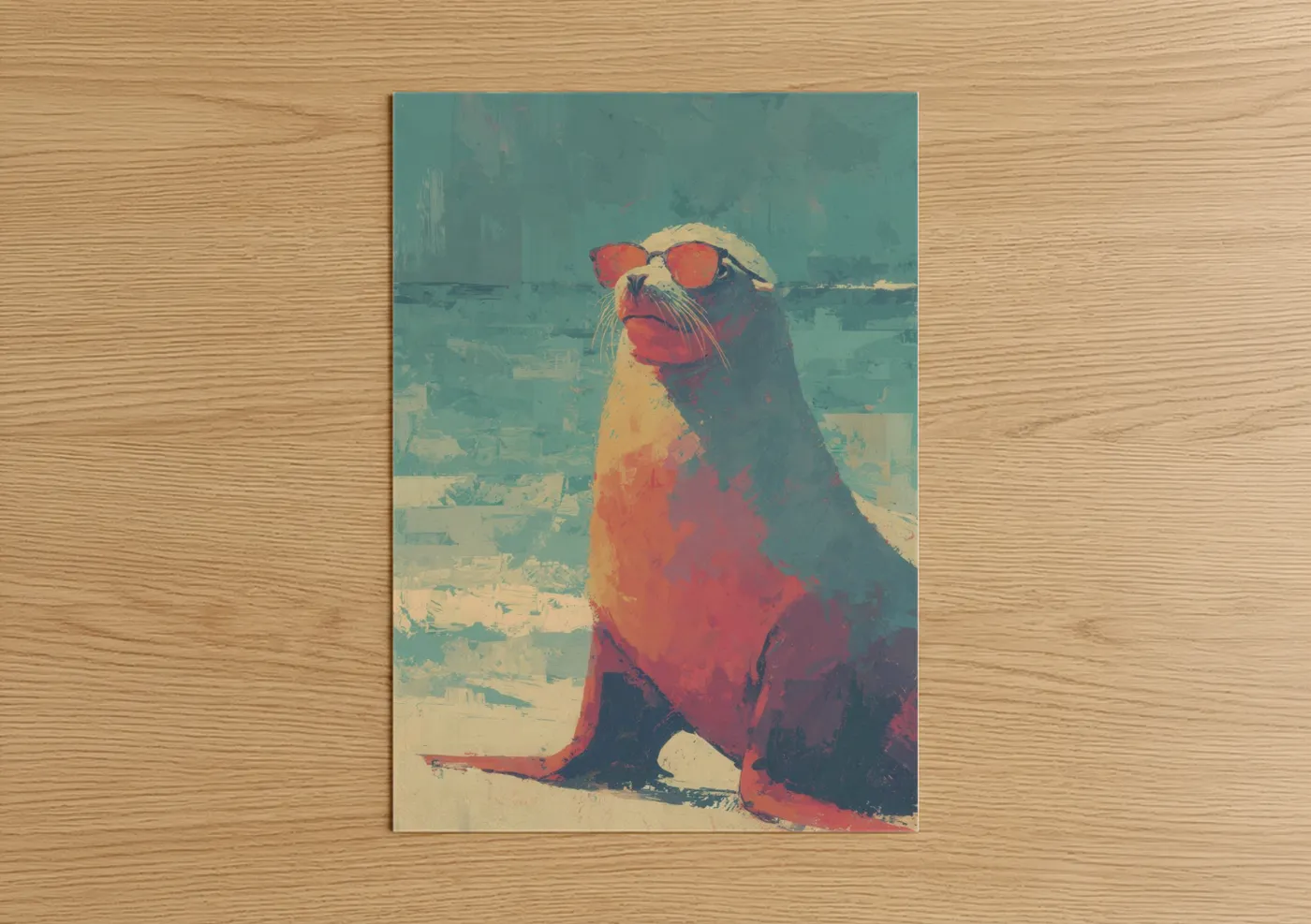Art print on warm oak wood — red and teal palette — Sunglasses Sea Lion poster