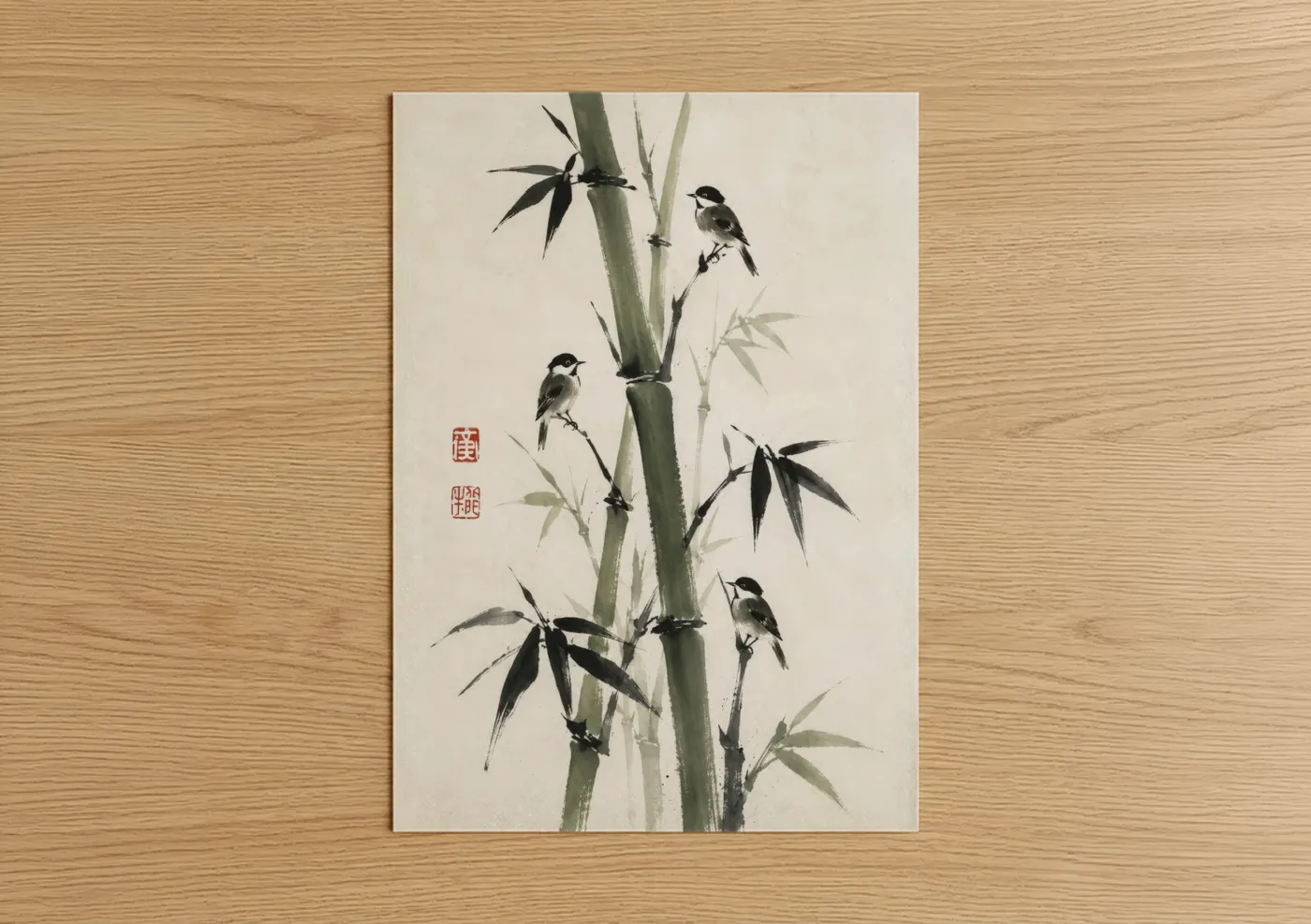 Art print on warm oak wood — black and white and sage green palette — Japanese Bamboo And Birds Wall Art poster