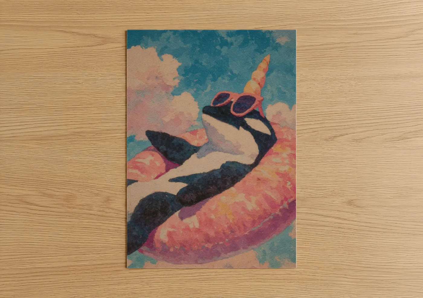 Orca whale art print on warm oak wood — teal and salmon pink palette — Groovy Orca poster