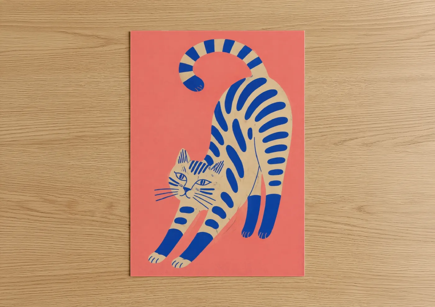 Art print on warm oak wood — blue and peach palette — Stretching Blue Cat Wall Art poster
