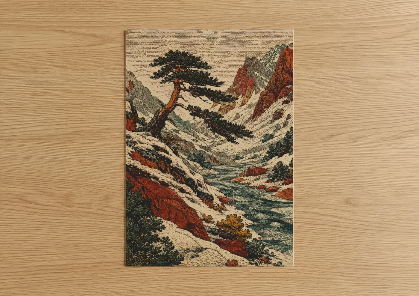 Art print on warm oak wood — beige and teal palette — Japanese Mountain Pine Tree Wall Art poster