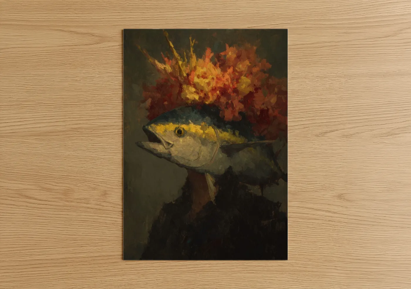Art print on warm oak wood — gold and black palette — Fiery Tuna poster