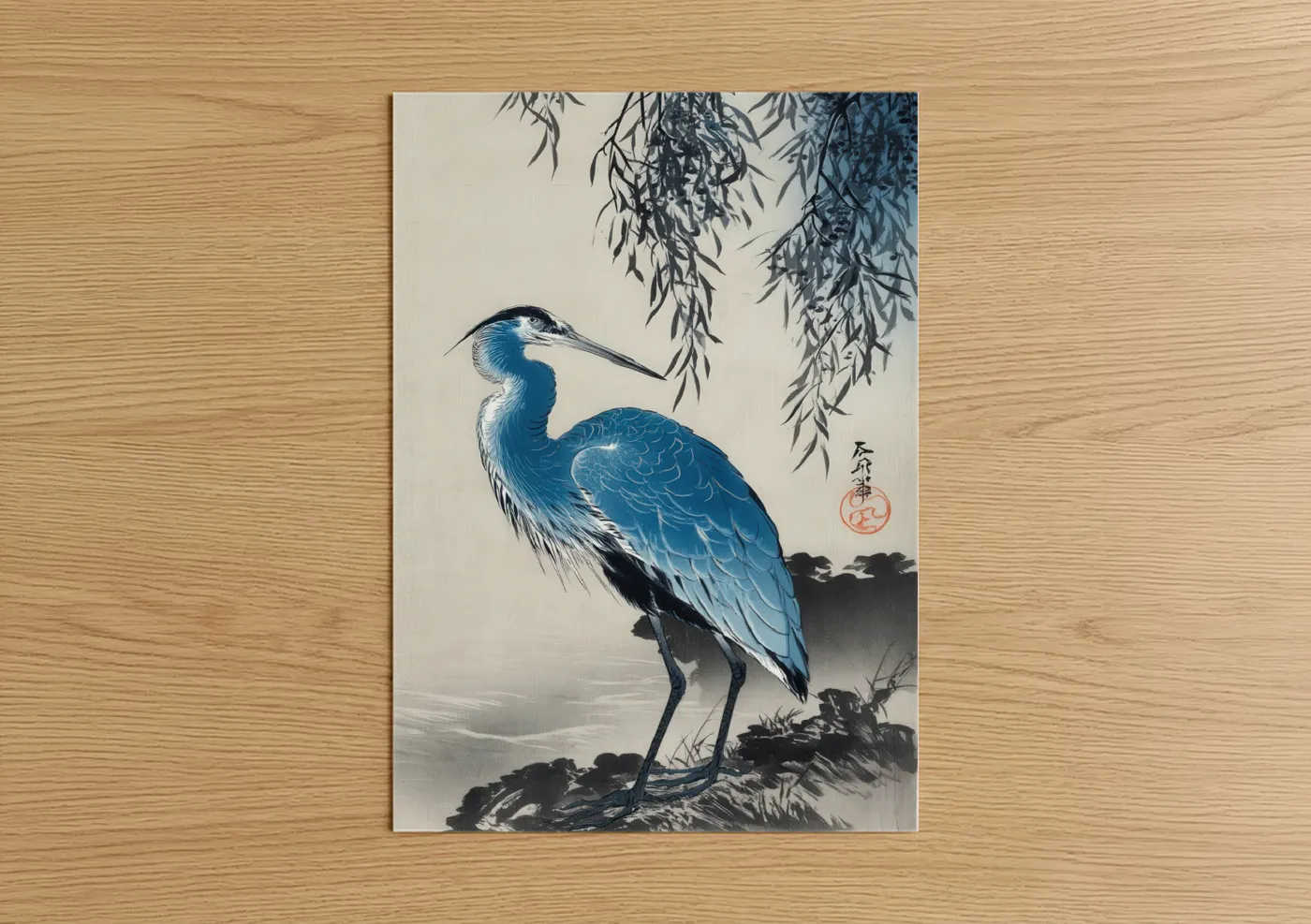 Azure Heron Japanese Woodblock Wall Art