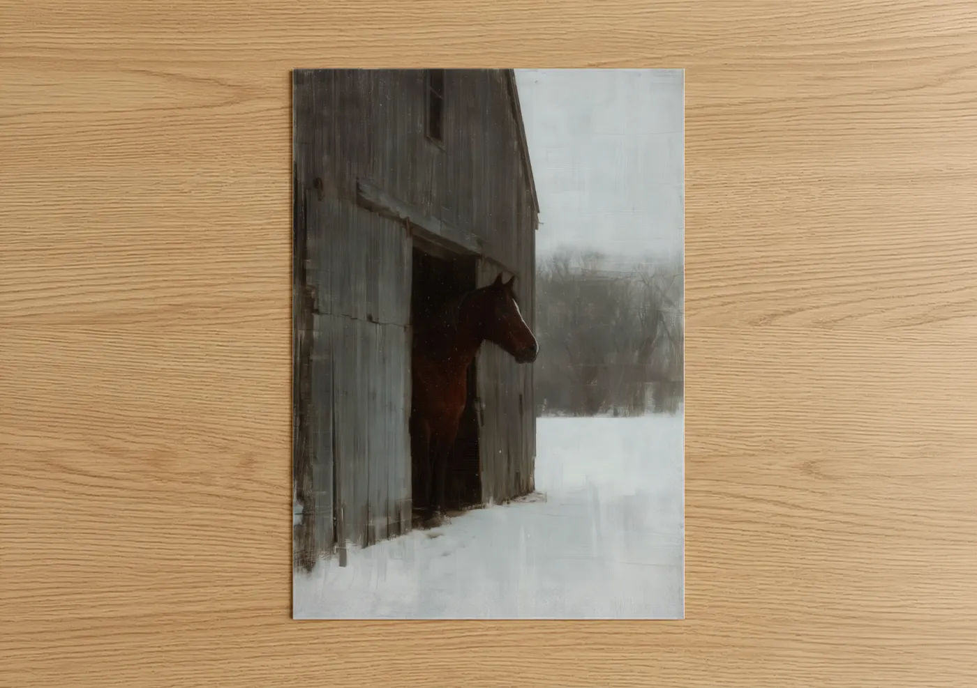 Quarter horse art print on warm oak wood — gray and white palette — Snowy Barn Horse poster
