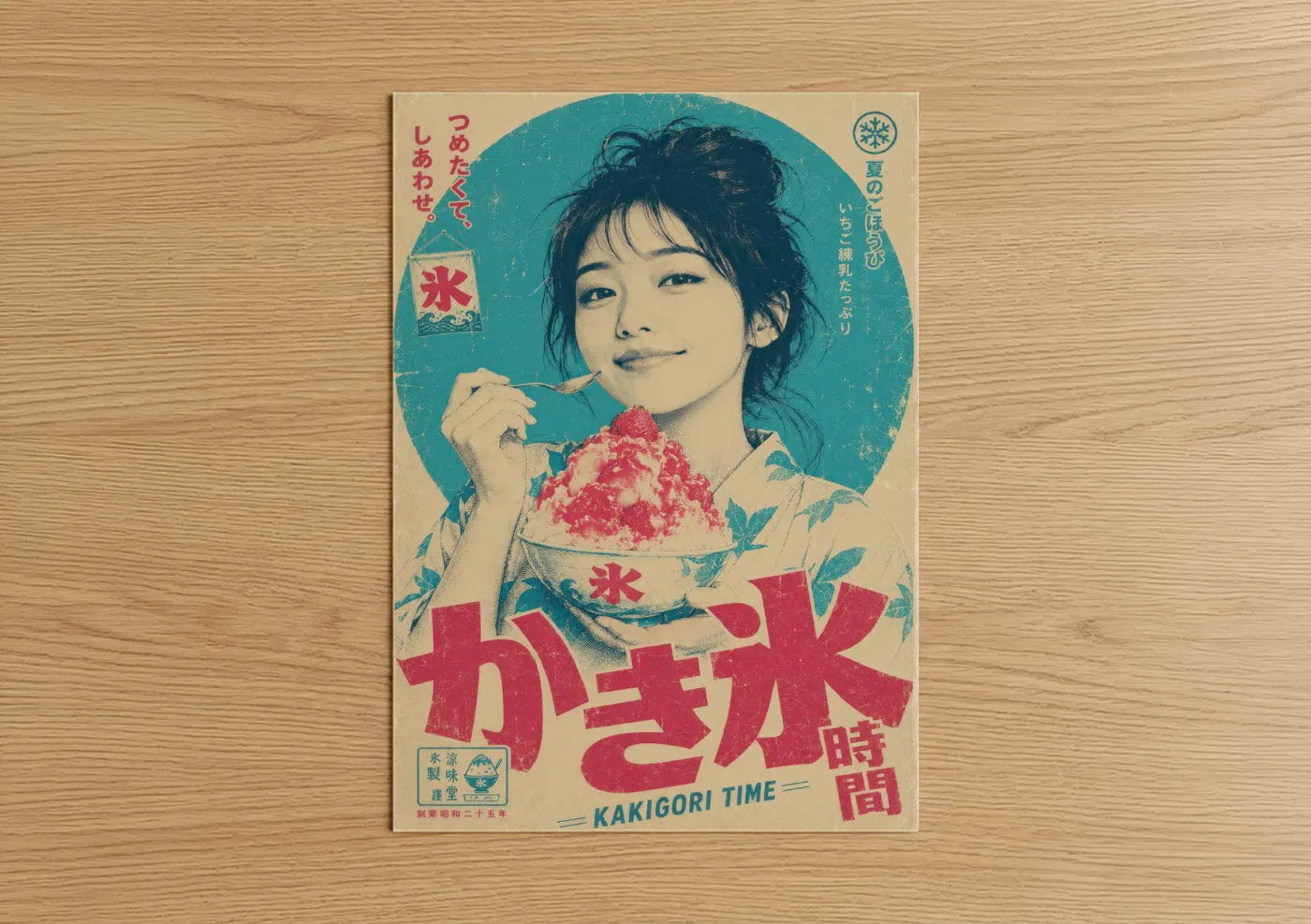 Food art print on warm oak wood — teal and cream palette — Vintage Japanese Kakigori Dessert Wall Art poster