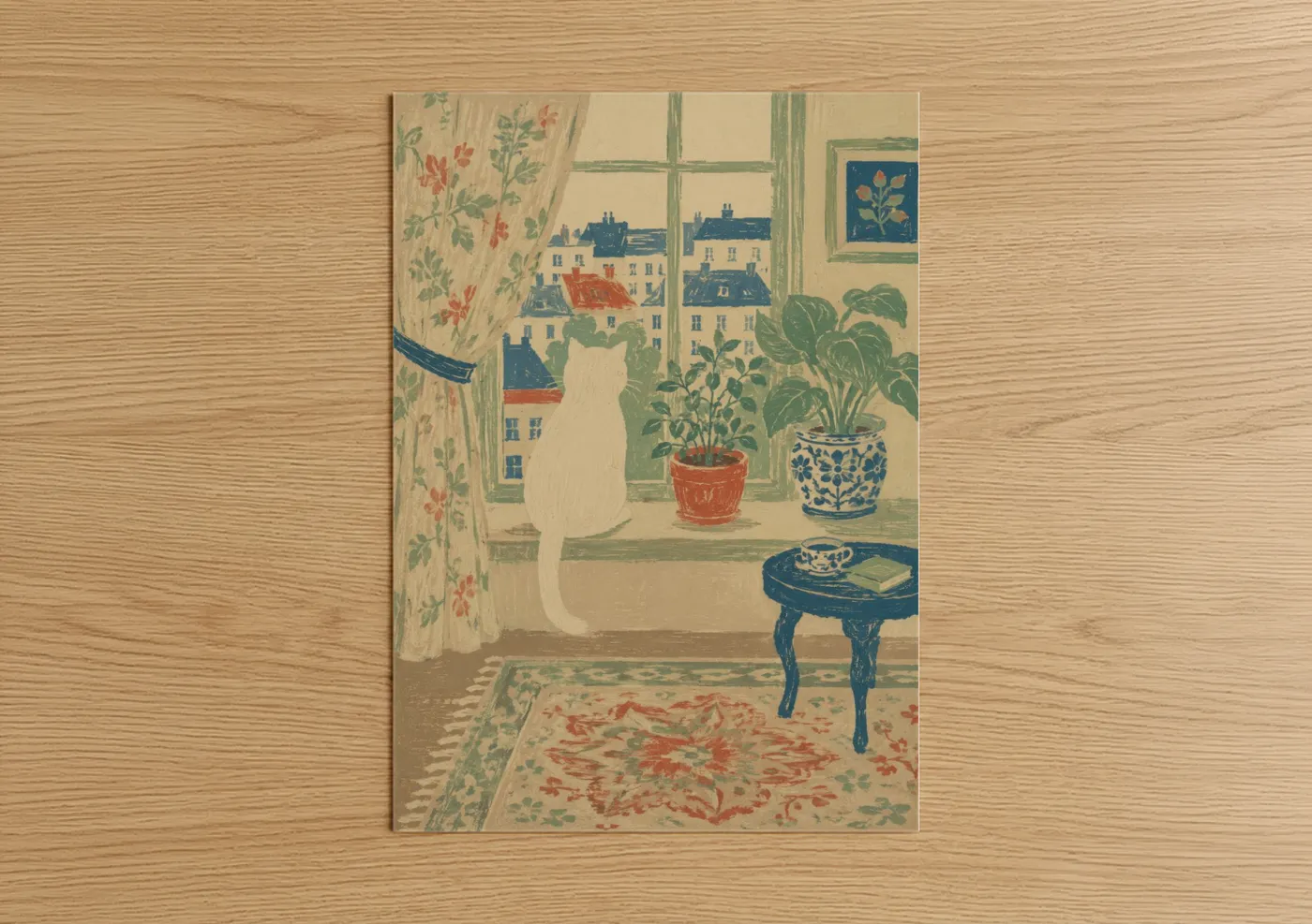 Art print on warm oak wood — cream and sage green palette — Window View With Cat Wall Art poster