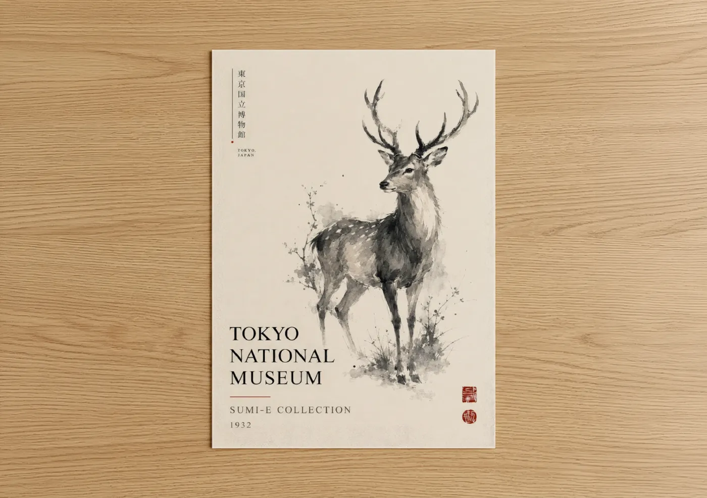 Art print on warm oak wood — black and white and beige palette — Japanese Deer Museum Wall Art poster