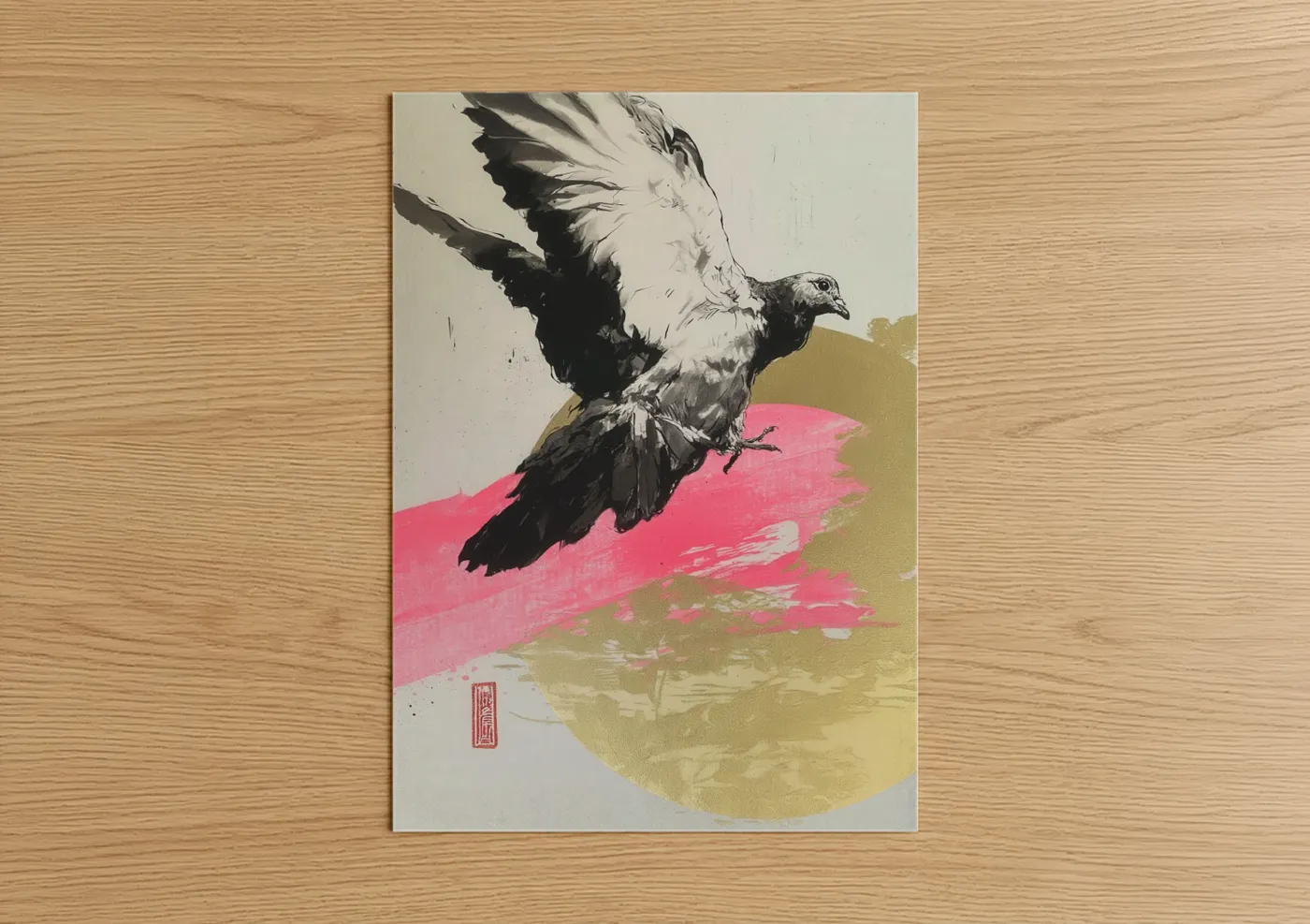 Art print on warm oak wood — black and white and magenta palette — Rising Pigeon poster