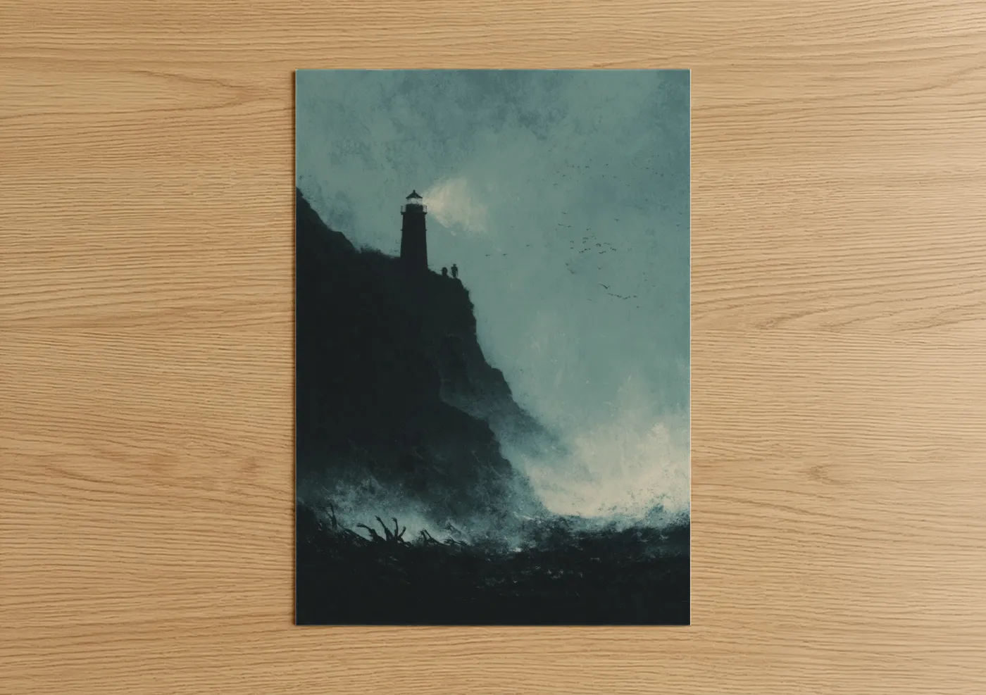 Dark fantasy art print on warm oak wood — dark blue and gray palette — Coastal Lighthouse poster