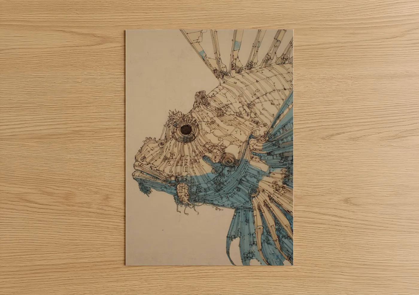 Art print on warm oak wood — cream and blue palette — Mechanical Lionfish poster