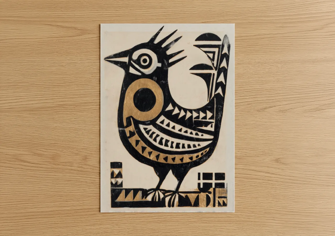 Chicken and roosters art print on warm oak wood — black and white and gold palette — Geometric Rooster poster