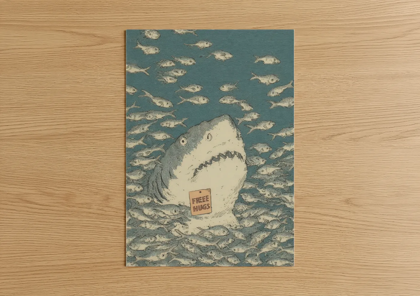 Sand tiger shark art print on warm oak wood — teal and cream palette — Friendly Shark poster