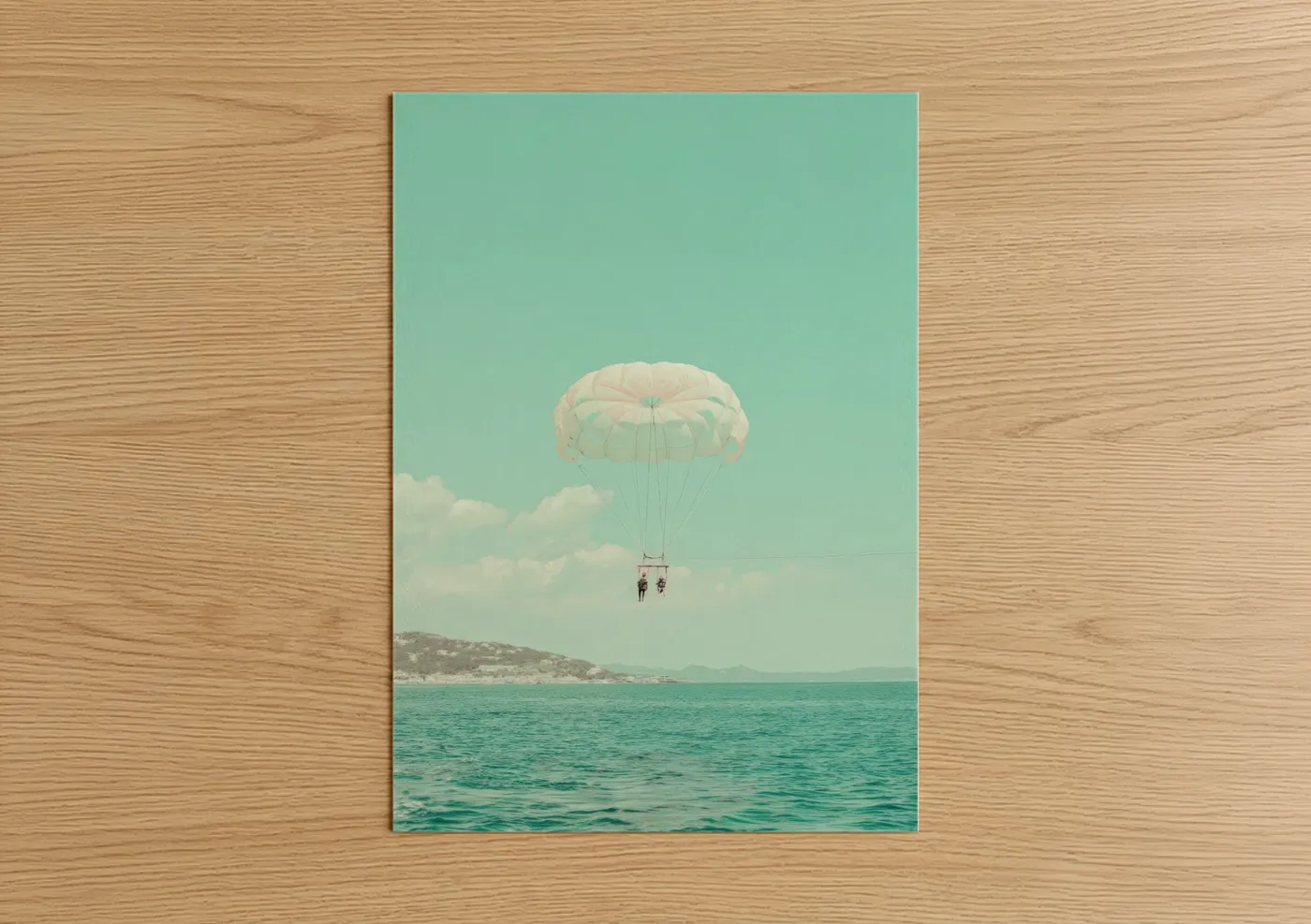 Art print on warm oak wood — turquoise and cream palette — Tropical Parasailing poster