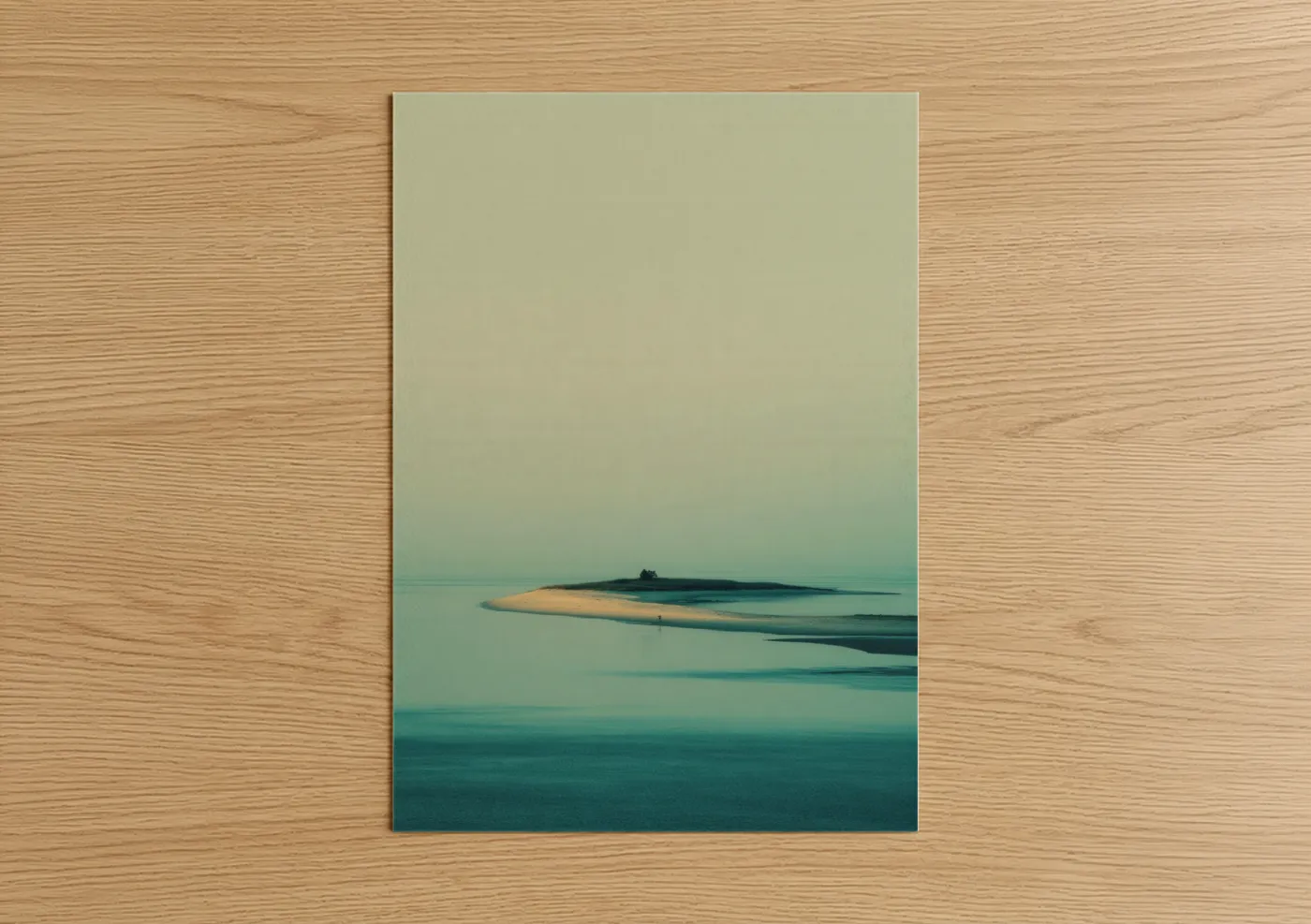 Art print on warm oak wood — turquoise and cream palette — Tranquil Island poster