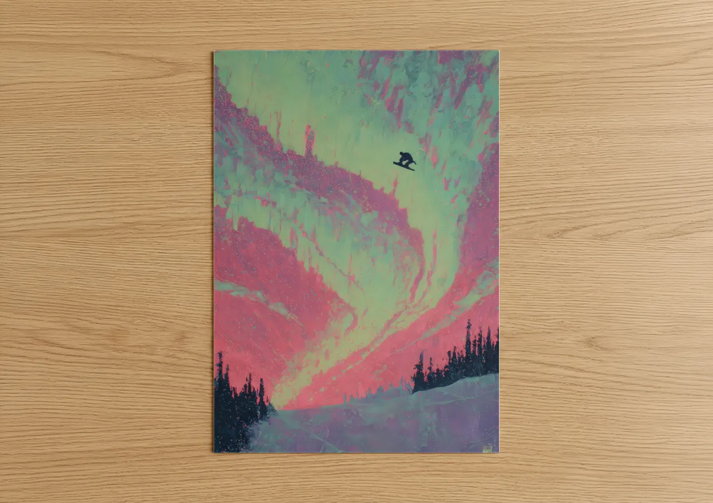 Snowboarding art print on warm oak wood — magenta and light green palette — Aurora Snowboarder poster