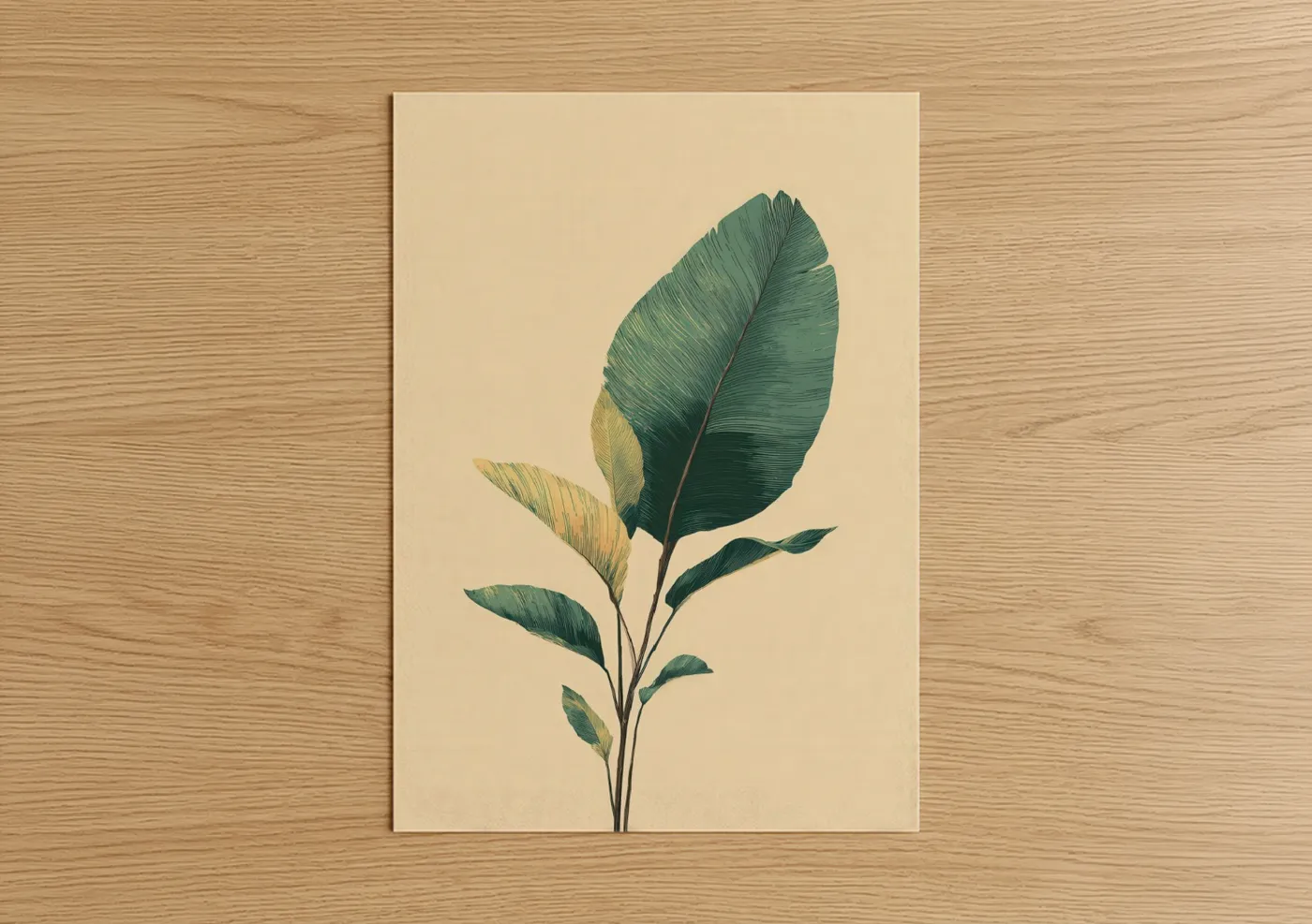 Tropical trees art print on warm oak wood — true green and cream palette — Tropical Foliage Study poster