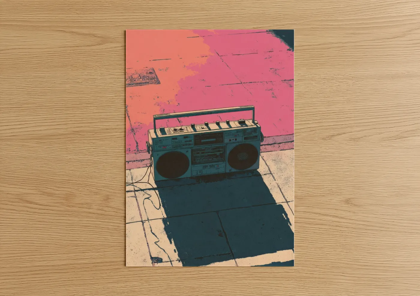 Art print on warm oak wood — pink and gold palette — Retro Boombox poster