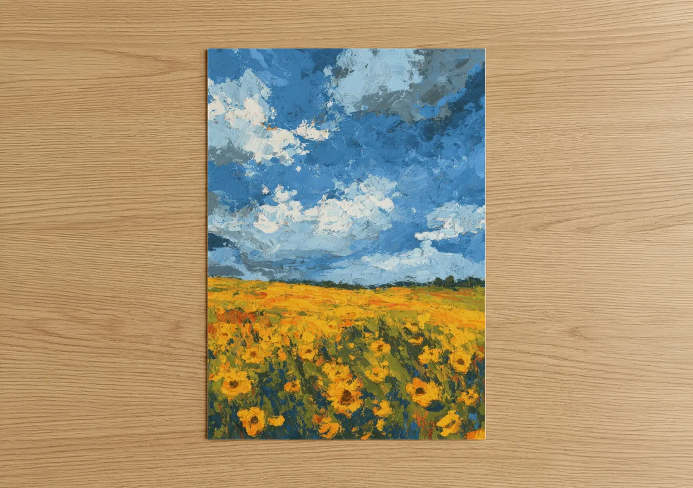 Art print on warm oak wood — blue and yellow gold palette — Golden Sunflower Field poster