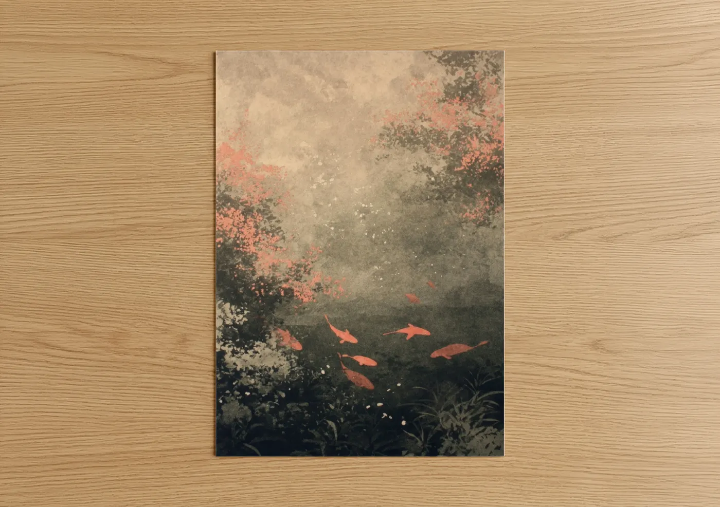 Dreamscape art print on warm oak wood — pink and dove gray palette — Ethereal Koi Garden poster