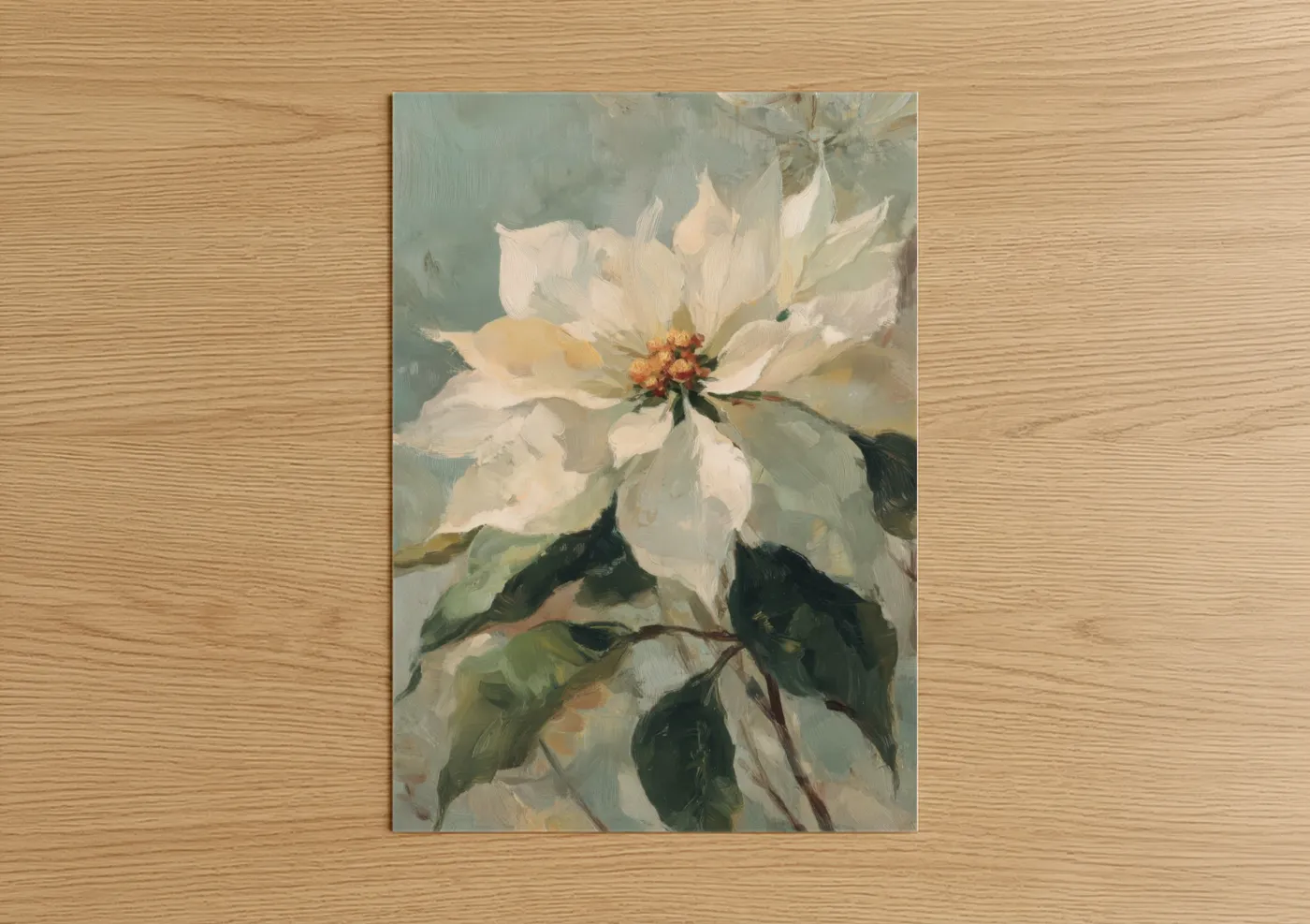 Poinsettias art print on warm oak wood — white and sage green palette — Cream Poinsettia poster